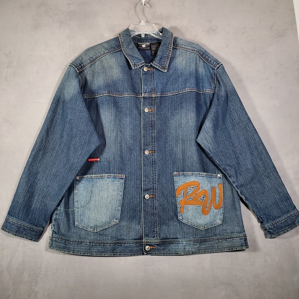 VTG Y2K Rocawear Denim Chore Jacket Mens 2XL Blue Embroidered Oversized Hip Hop